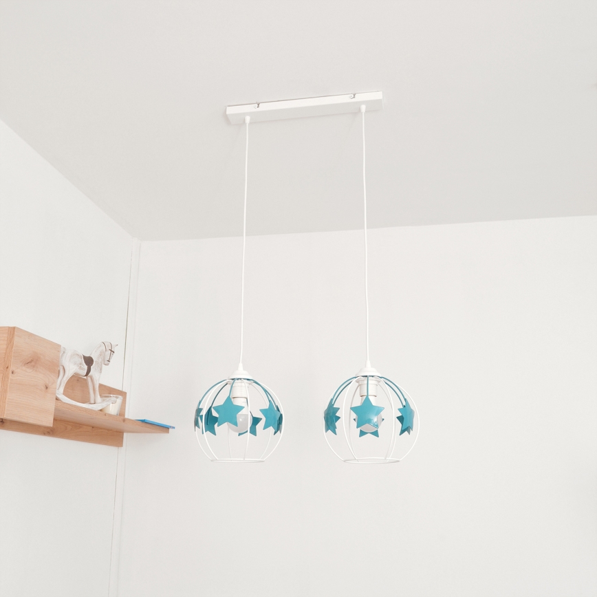 Kinder hanglamp aan een koord STARS 2xE27/15W/230V turquoise/wit
