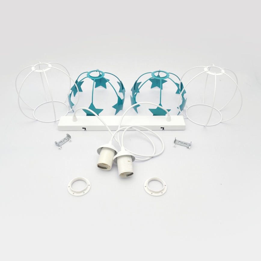 Kinder hanglamp aan een koord STARS 2xE27/15W/230V turquoise/wit