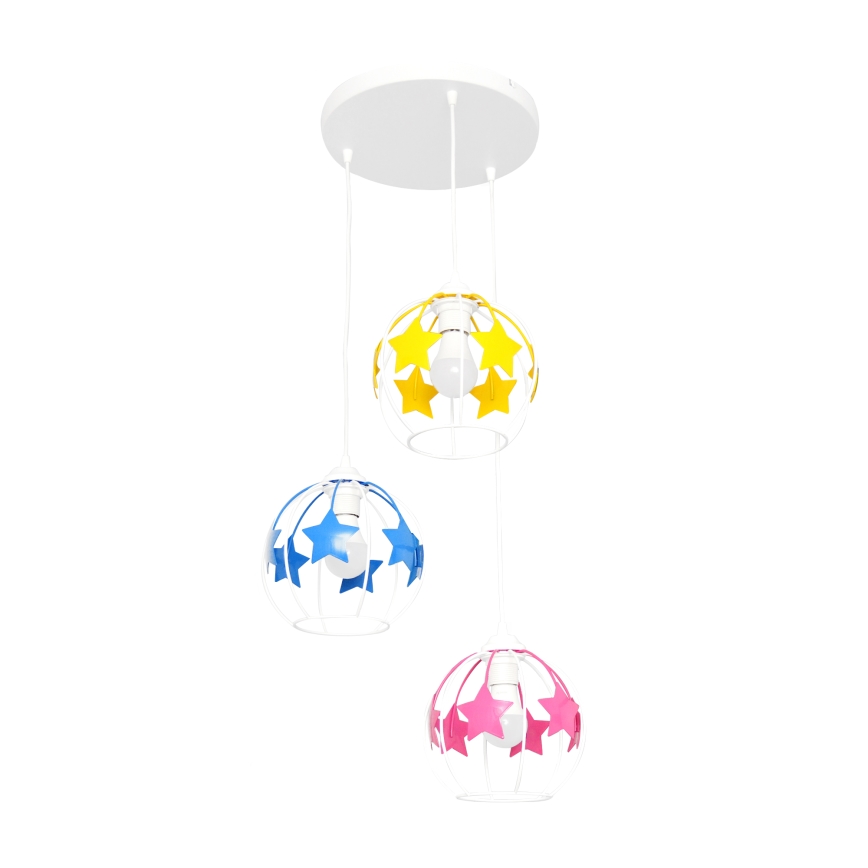 Kinder hanglamp aan een koord STARS 3xE27/15W/230V blauw/roze/geel