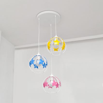 Kinder hanglamp aan een koord STARS 3xE27/15W/230V blauw/roze/geel
