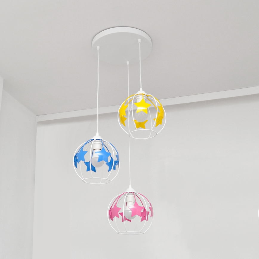 Kinder hanglamp aan een koord STARS 3xE27/15W/230V blauw/roze/geel