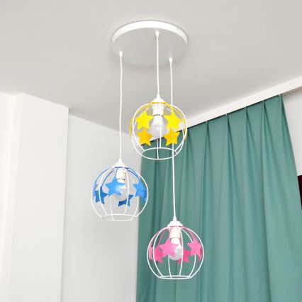 Kinder hanglamp aan een koord STARS 3xE27/15W/230V blauw/roze/geel