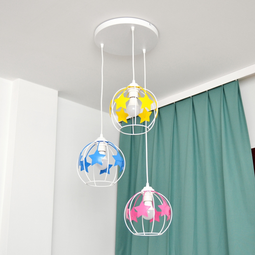Kinder hanglamp aan een koord STARS 3xE27/15W/230V blauw/roze/geel