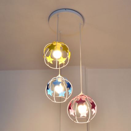 Kinder hanglamp aan een koord STARS 3xE27/15W/230V blauw/roze/geel