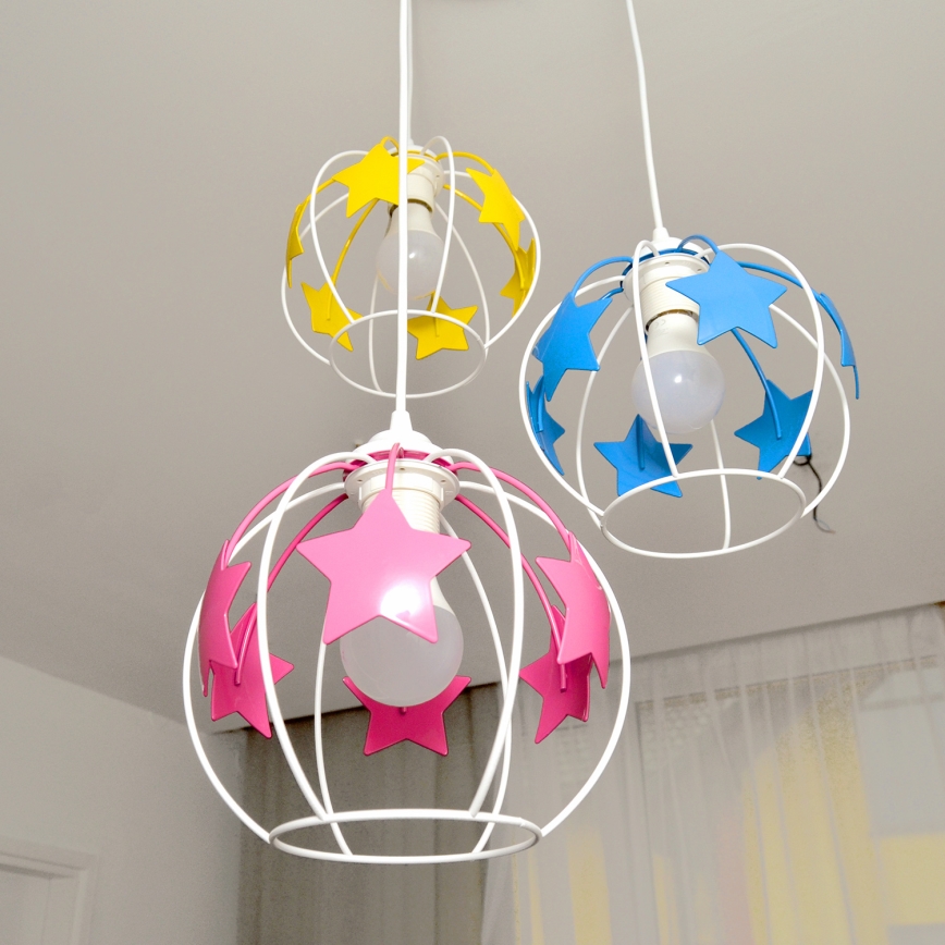 Kinder hanglamp aan een koord STARS 3xE27/15W/230V blauw/roze/geel