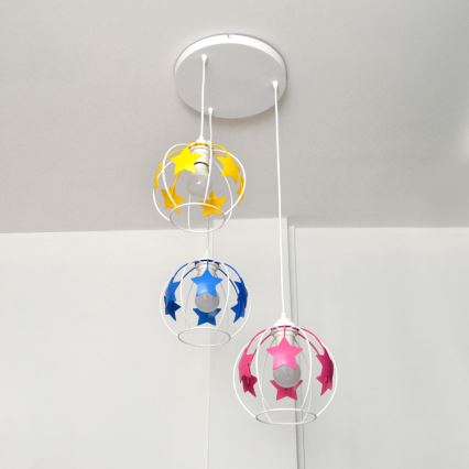 Kinder hanglamp aan een koord STARS 3xE27/15W/230V blauw/roze/geel