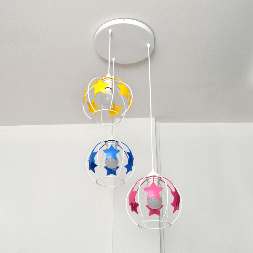 Kinder hanglamp aan een koord STARS 3xE27/15W/230V blauw/roze/geel