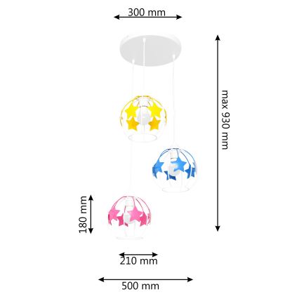 Kinder hanglamp aan een koord STARS 3xE27/15W/230V blauw/roze/geel