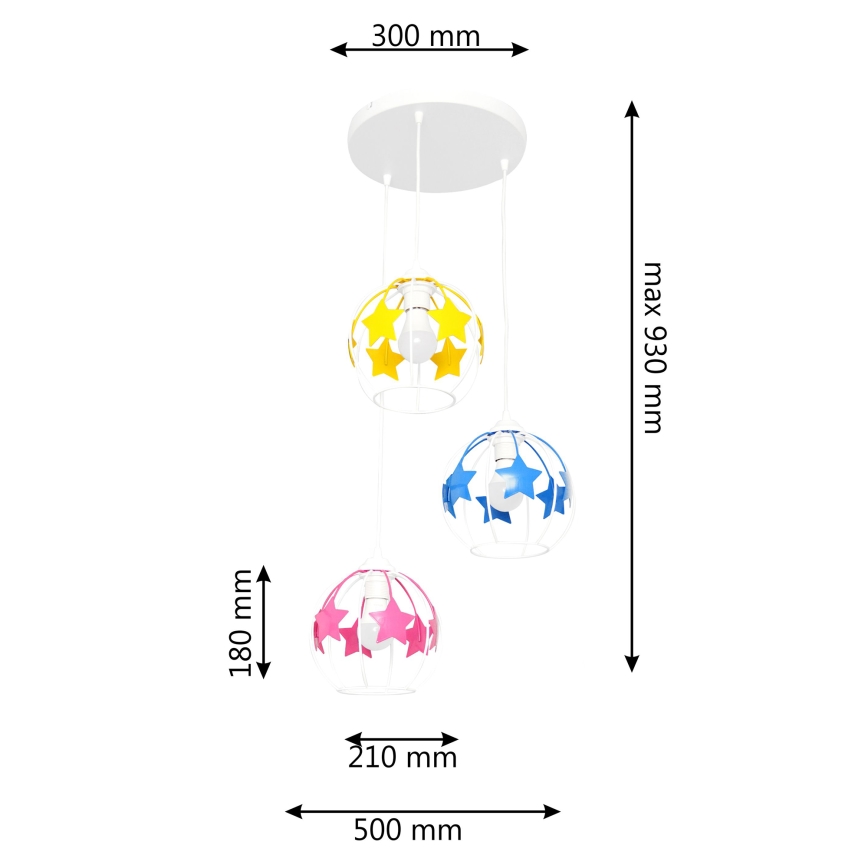 Kinder hanglamp aan een koord STARS 3xE27/15W/230V blauw/roze/geel