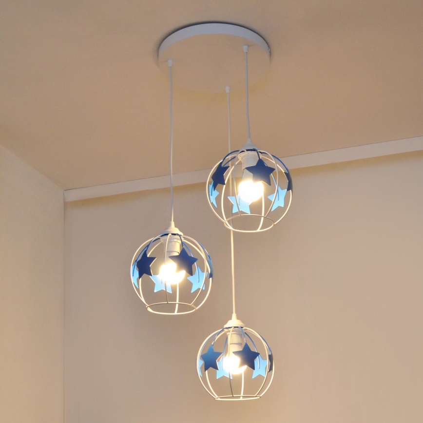 Kinder hanglamp aan een koord STARS 3xE27/15W/230V blauw/wit
