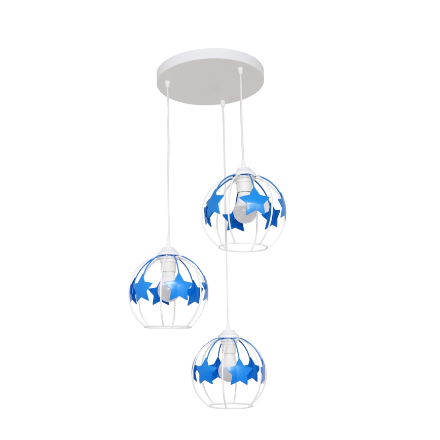 Kinder hanglamp aan een koord STARS 3xE27/15W/230V blauw/wit
