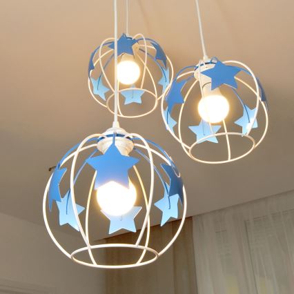 Kinder hanglamp aan een koord STARS 3xE27/15W/230V blauw/wit