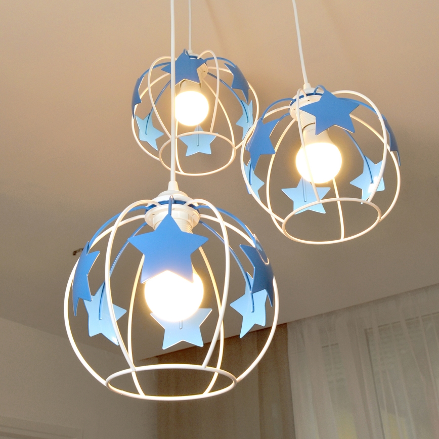 Kinder hanglamp aan een koord STARS 3xE27/15W/230V blauw/wit