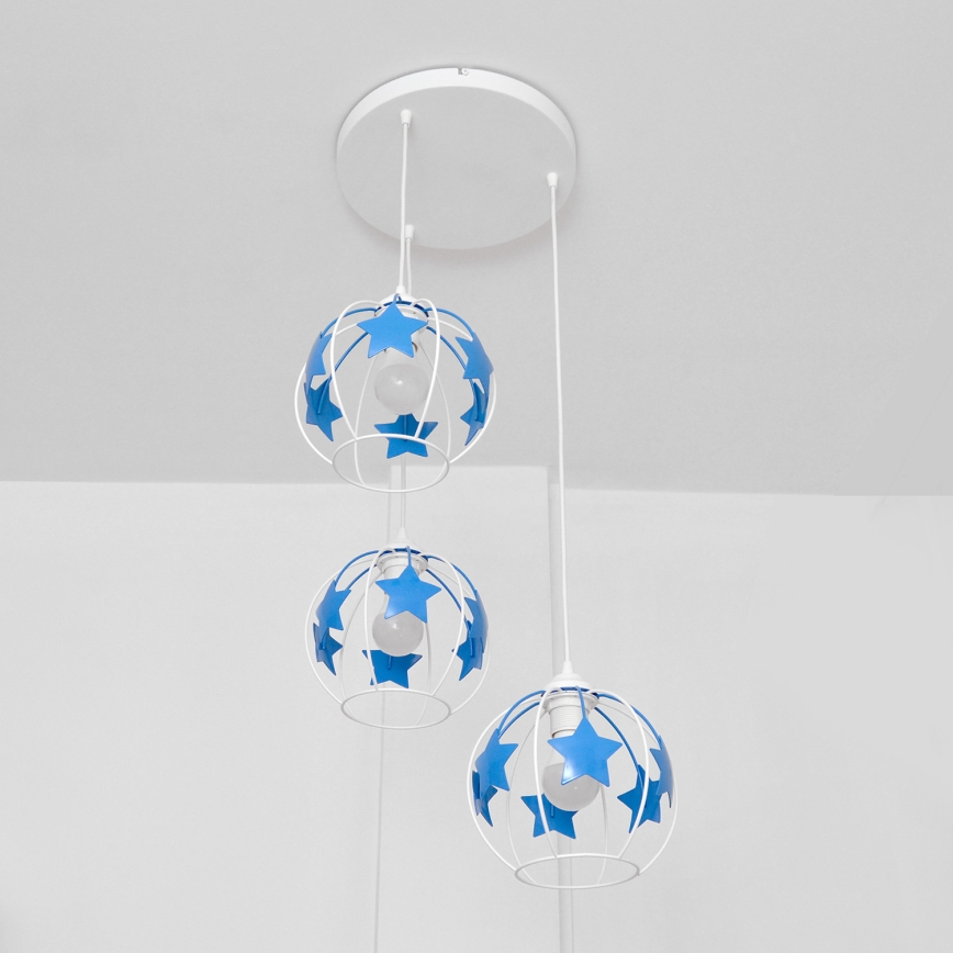 Kinder hanglamp aan een koord STARS 3xE27/15W/230V blauw/wit