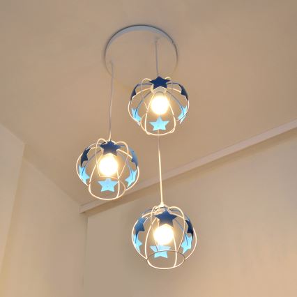 Kinder hanglamp aan een koord STARS 3xE27/15W/230V blauw/wit