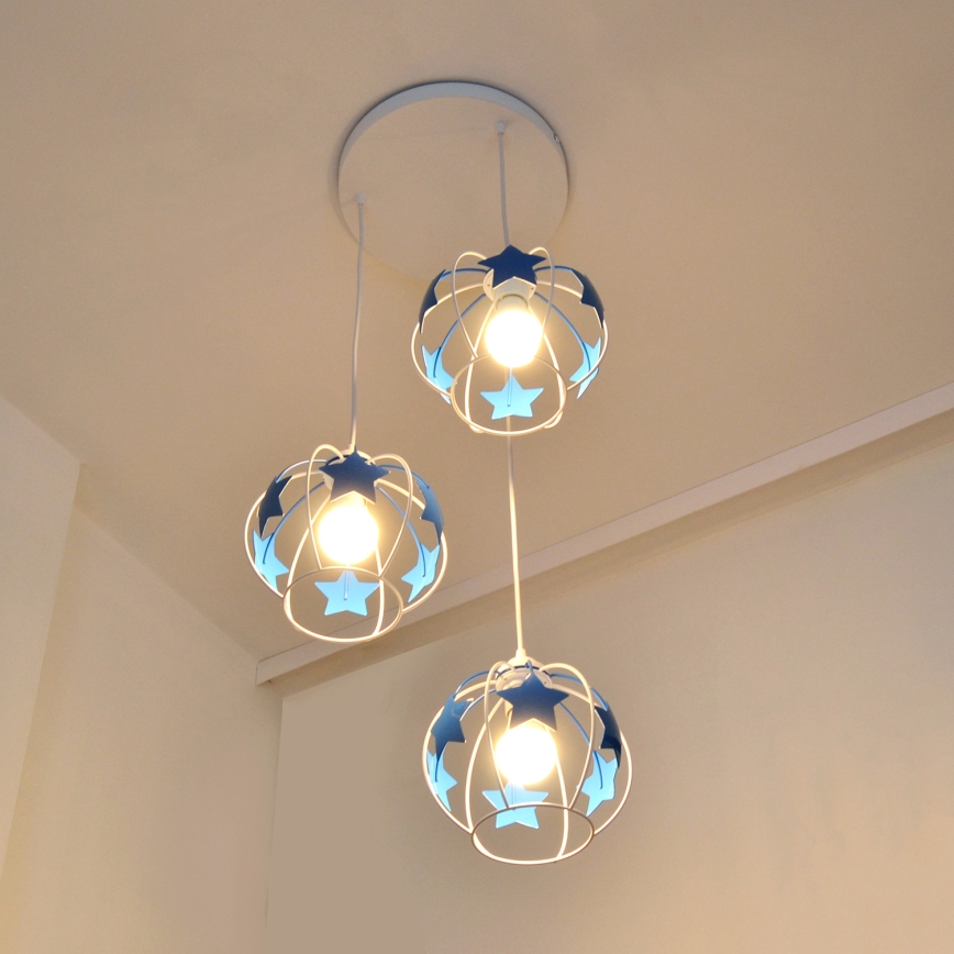 Kinder hanglamp aan een koord STARS 3xE27/15W/230V blauw/wit