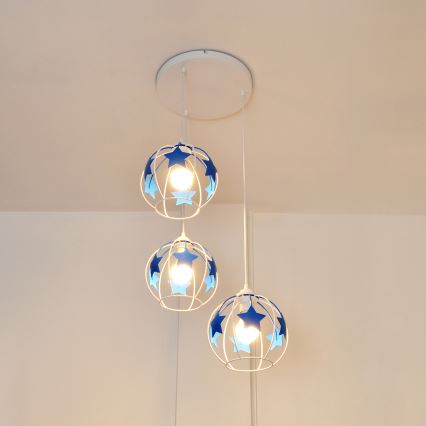 Kinder hanglamp aan een koord STARS 3xE27/15W/230V blauw/wit