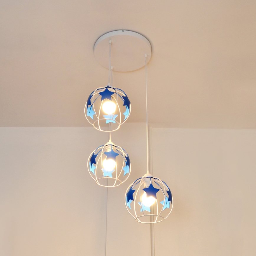 Kinder hanglamp aan een koord STARS 3xE27/15W/230V blauw/wit