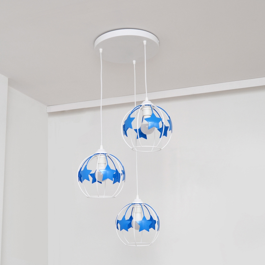 Kinder hanglamp aan een koord STARS 3xE27/15W/230V blauw/wit