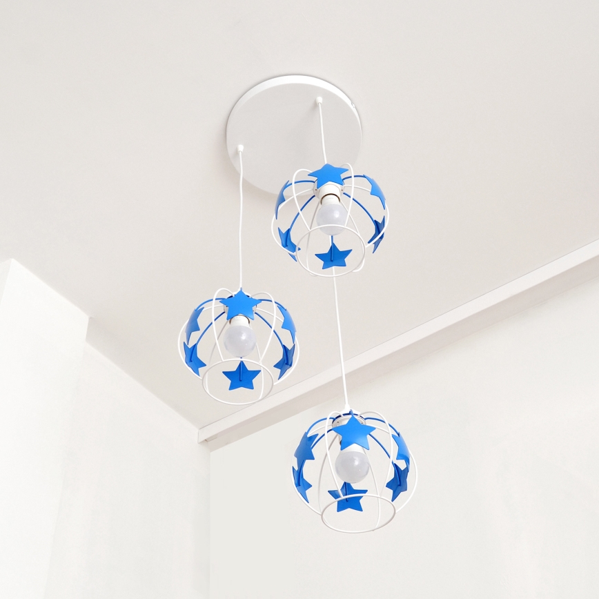 Kinder hanglamp aan een koord STARS 3xE27/15W/230V blauw/wit