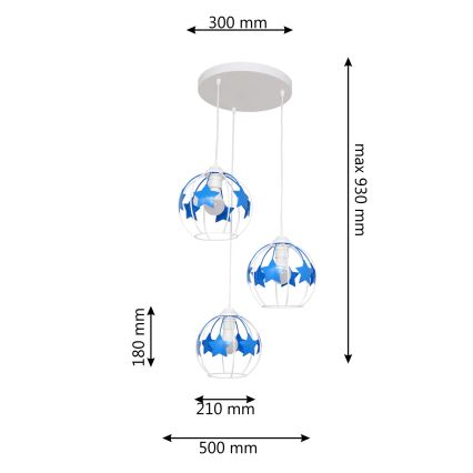 Kinder hanglamp aan een koord STARS 3xE27/15W/230V blauw/wit