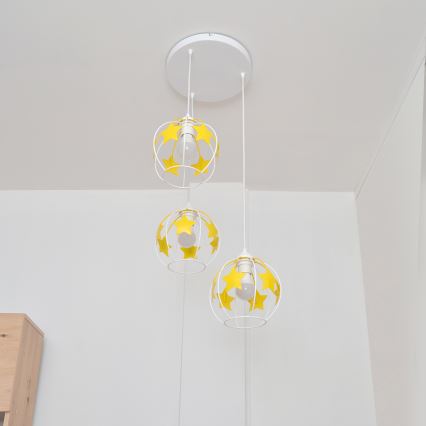 Kinder hanglamp aan een koord STARS 3xE27/15W/230V geel/wit