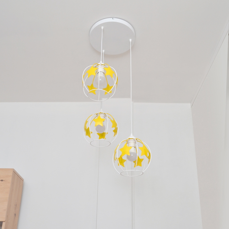 Kinder hanglamp aan een koord STARS 3xE27/15W/230V geel/wit