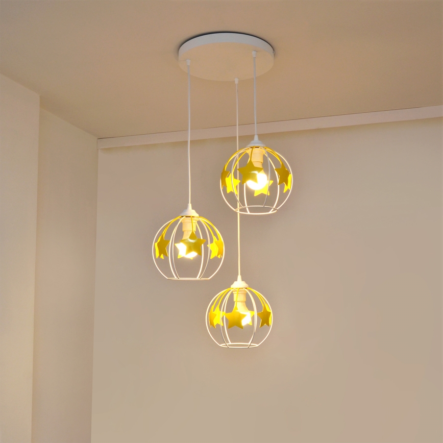 Kinder hanglamp aan een koord STARS 3xE27/15W/230V geel/wit