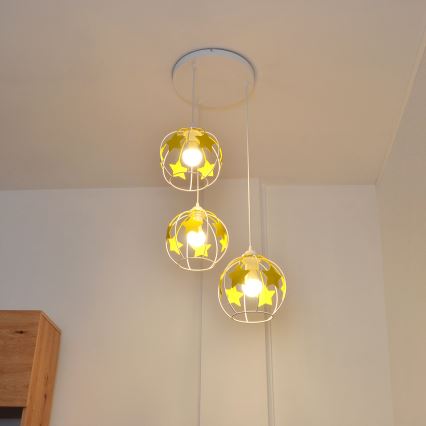 Kinder hanglamp aan een koord STARS 3xE27/15W/230V geel/wit
