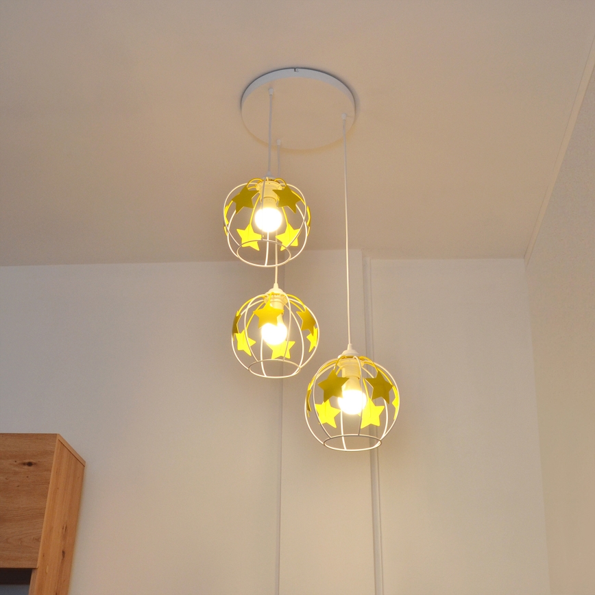 Kinder hanglamp aan een koord STARS 3xE27/15W/230V geel/wit
