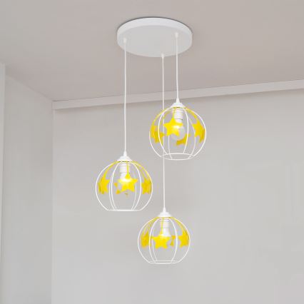 Kinder hanglamp aan een koord STARS 3xE27/15W/230V geel/wit