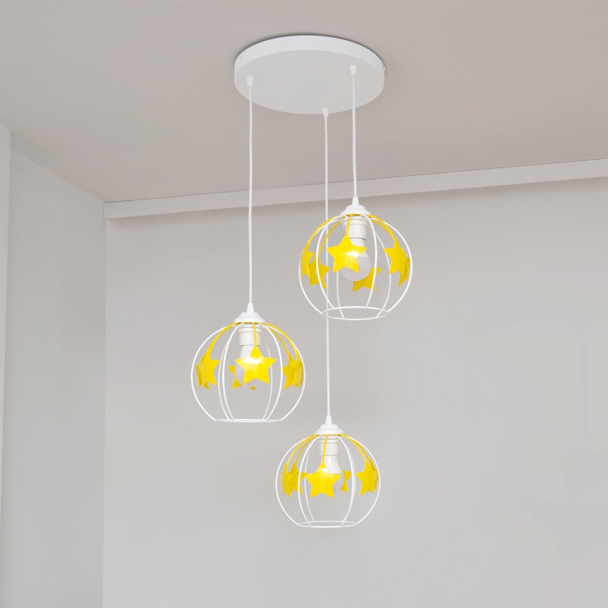Kinder hanglamp aan een koord STARS 3xE27/15W/230V geel/wit