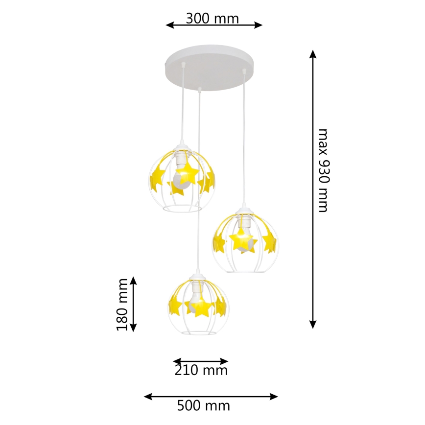 Kinder hanglamp aan een koord STARS 3xE27/15W/230V geel/wit