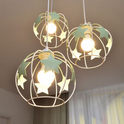 Kinder hanglamp aan een koord STARS 3xE27/15W/230V groen/wit