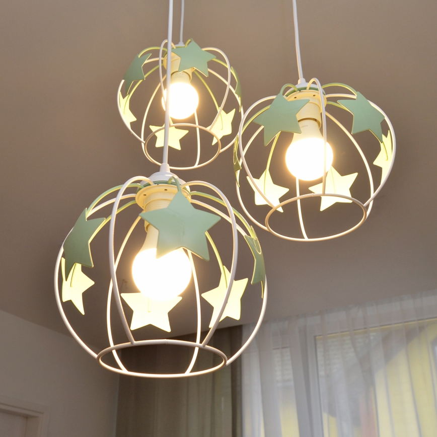 Kinder hanglamp aan een koord STARS 3xE27/15W/230V groen/wit