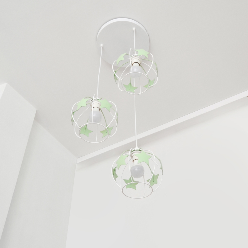 Kinder hanglamp aan een koord STARS 3xE27/15W/230V groen/wit