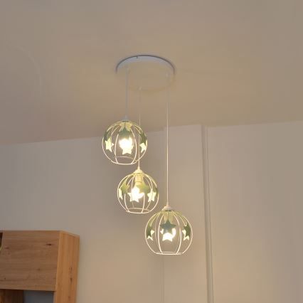Kinder hanglamp aan een koord STARS 3xE27/15W/230V groen/wit