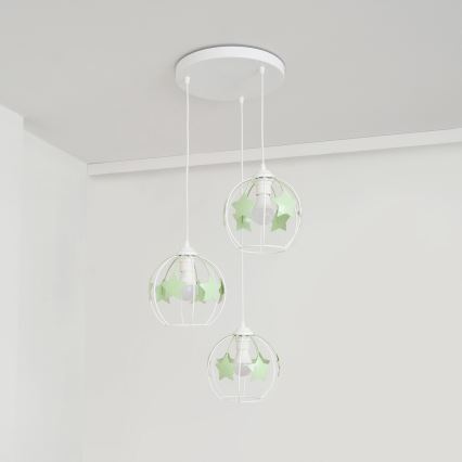 Kinder hanglamp aan een koord STARS 3xE27/15W/230V groen/wit