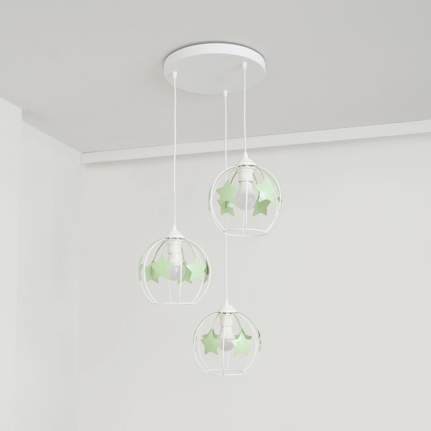 Kinder hanglamp aan een koord STARS 3xE27/15W/230V groen/wit