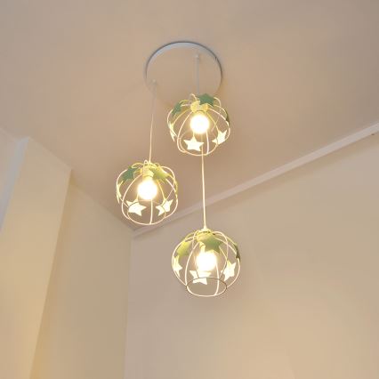 Kinder hanglamp aan een koord STARS 3xE27/15W/230V groen/wit