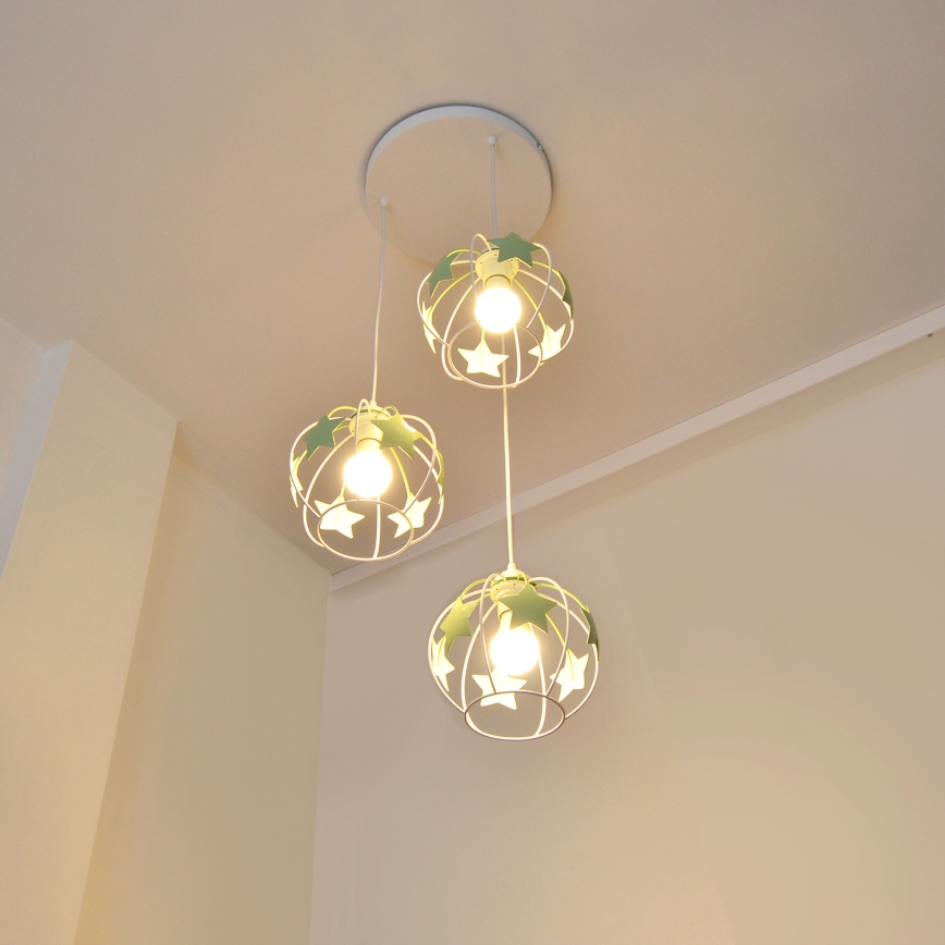 Kinder hanglamp aan een koord STARS 3xE27/15W/230V groen/wit