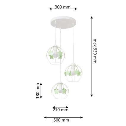Kinder hanglamp aan een koord STARS 3xE27/15W/230V groen/wit