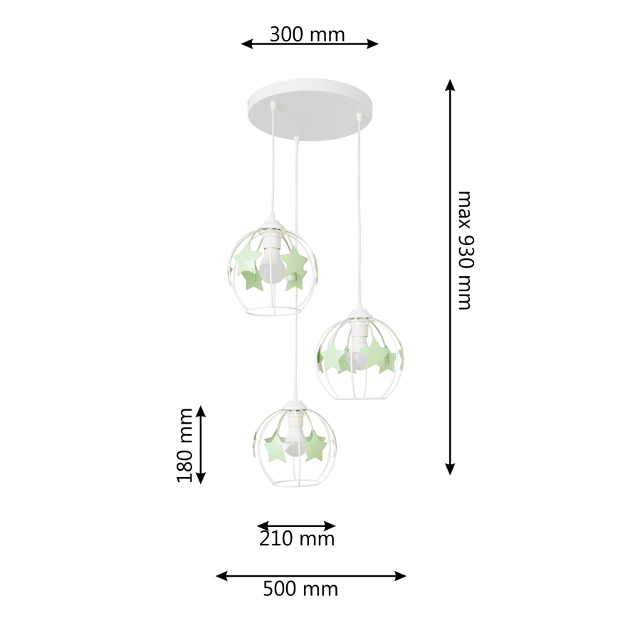 Kinder hanglamp aan een koord STARS 3xE27/15W/230V groen/wit