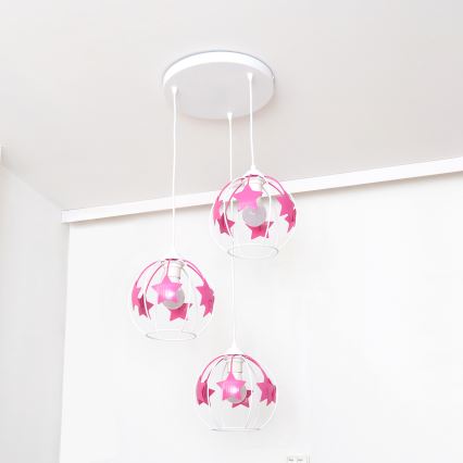 Kinder hanglamp aan een koord STARS 3xE27/15W/230V roze/wit