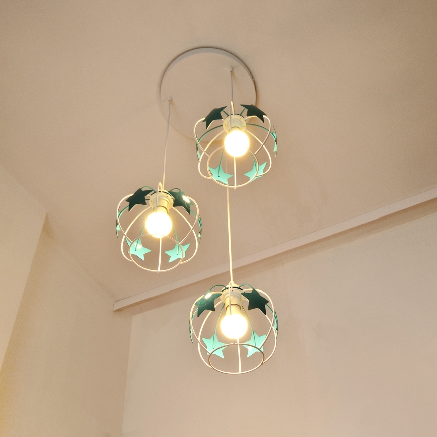 Kinder hanglamp aan een koord STARS 3xE27/15W/230V turquoise/wit