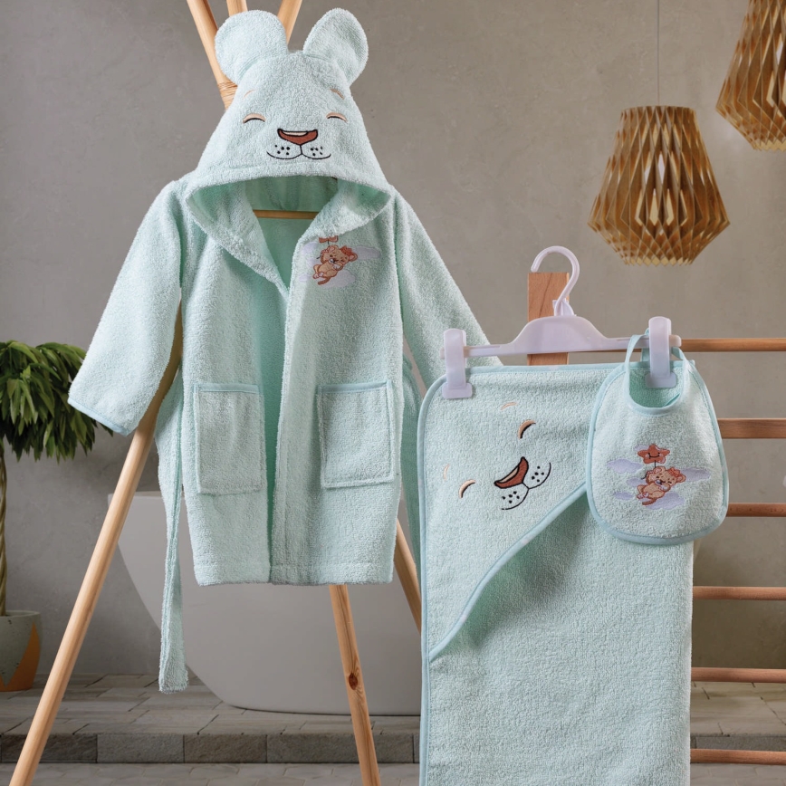 Kinderbadstof set ASLAN - badjas, handdoek, washandje mint