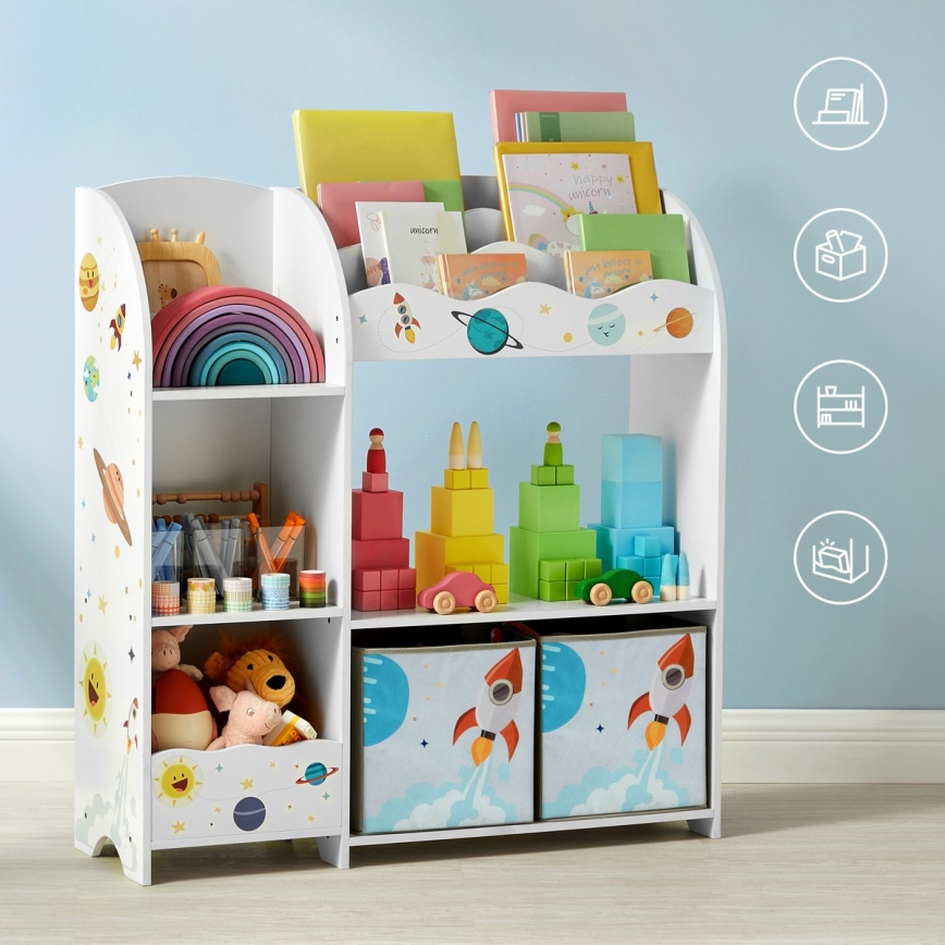 Kinderboekenplank met stoffen dozen ANET wit