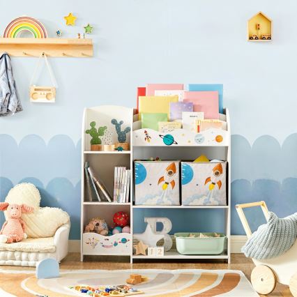 Kinderboekenplank met stoffen dozen ANET wit