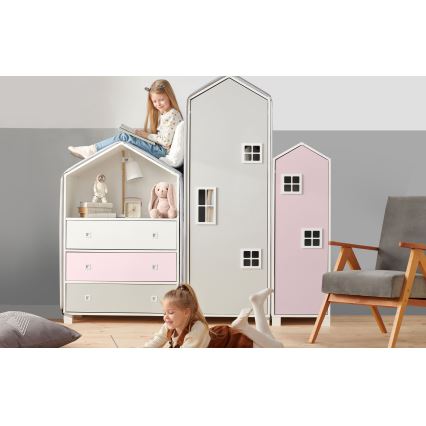 Kinderkast MIRUM 126x80 cm wit/grijs/roze