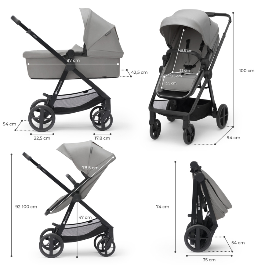 KINDERKRAFT - Combinatiekinderwagen 4v1 NEWLY Klassiek grijs + autostoel MINK PRO met basis ISOFIX